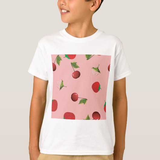 T-shirt Red Strawberry and Cherry Pattern Pink Fruit (Devant)