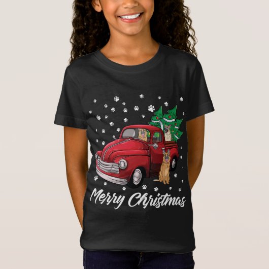 T-Shirt Red Truck Merry Christmas Tree German Shepherd chi (Devant)
