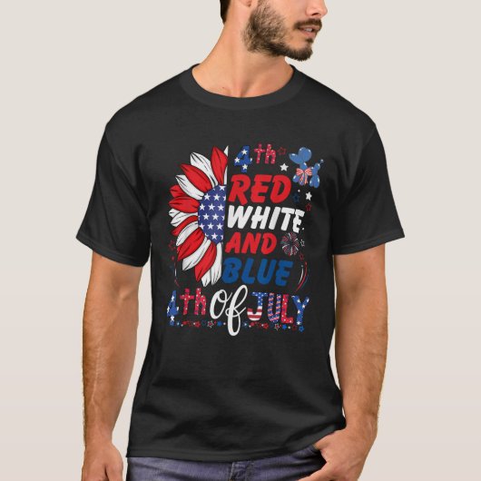 T-shirt Red White And Blue American Flag Sunflower 4th of (Devant)