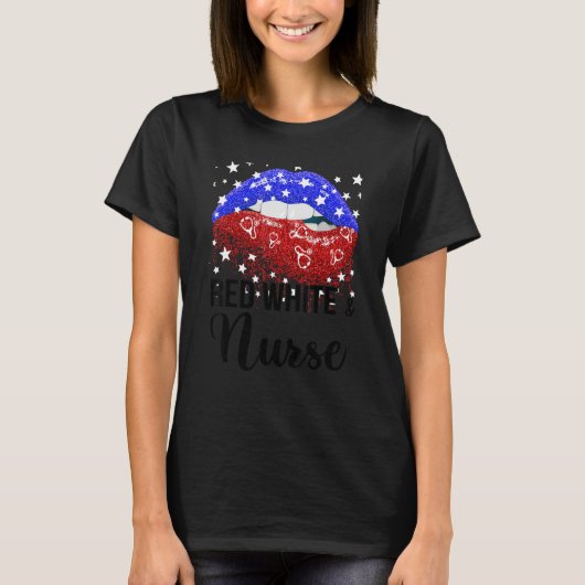 T-shirt Red White Nurse Cute American Lips Nurse 4th Of Ju (Devant)