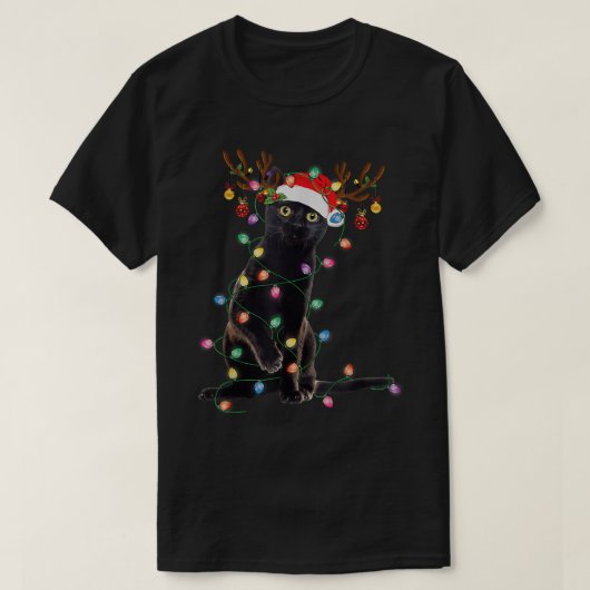 T-shirt Reindeer Chat Noir Feux de Noël Drôle Chat Amour (Design devant)