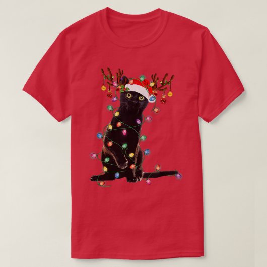 T-shirt Reindeer Chat Noir Feux de Noël Drôle Chat Amour (Design devant)