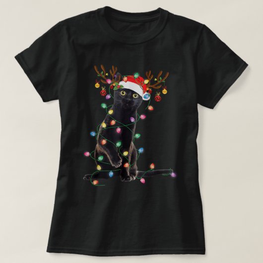 T-shirt Reindeer Chat Noir Feux de Noël Drôle Chat Amour (Design devant)