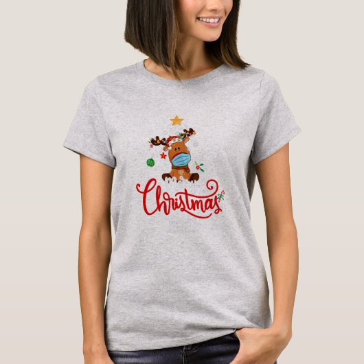 T-shirt Reindeer Face Mask Quarantine Christmas 2021 Tree (Devant)