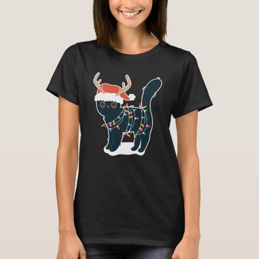 T-shirt Reindeer noir Chat lumières de Noël drôle (Devant)