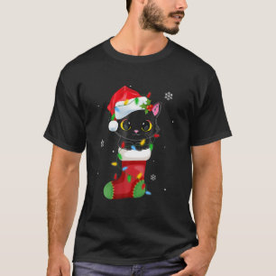 T-shirt Reindeer Santa Hat Noir Chat Lumières de Noël mign