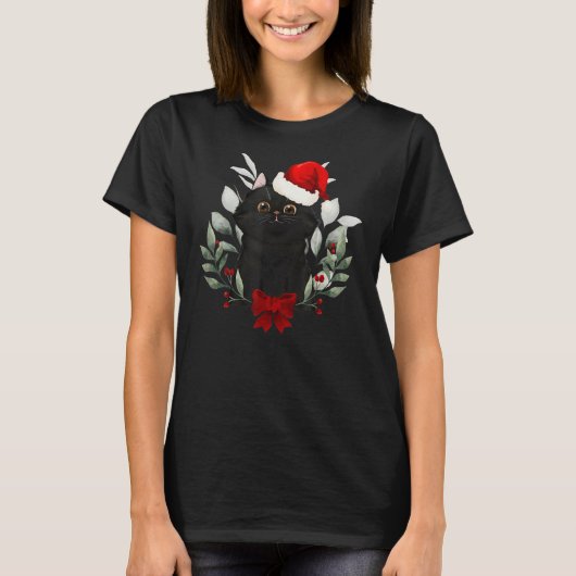 T-shirt Reindeer Santa Hat Noir Chat Lumières de Noël mign (Devant)