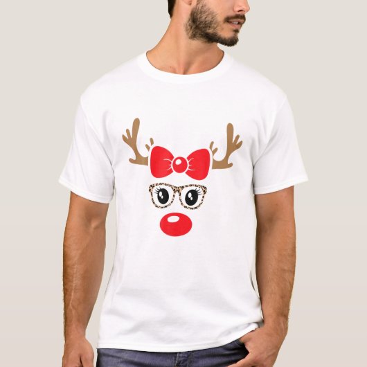 T-shirt Reindeer Visage Noël Empreinte de léopard Lunettes (Devant)