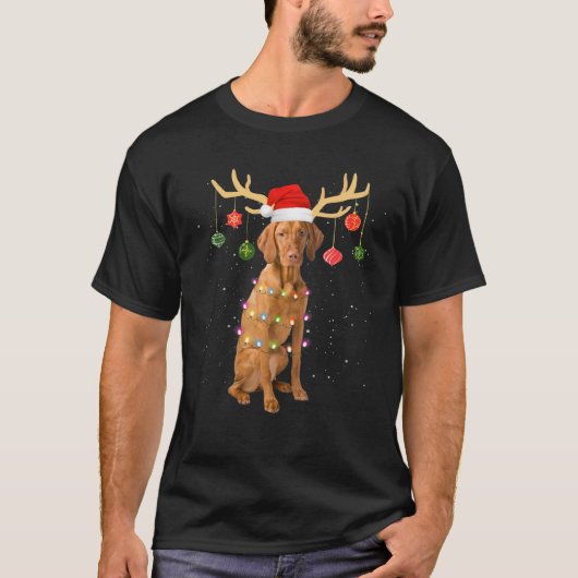 T-shirt Reindeer Vizsla Chien Santa Chapeau Noël Lumière N (Devant)