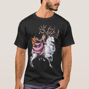 T-shirt Renard Kitsune japonais montant un cerf aux fleurs