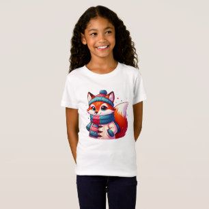 T-Shirt Renard mignon en hiver avec bonnet et écharpe