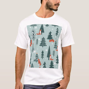 T-shirt Renards, sapins, hiver, motif coloré