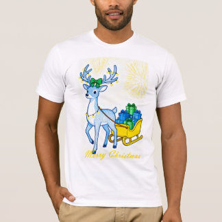 T-shirt Renne bleu et traîneau Joyeux Noël Hommes