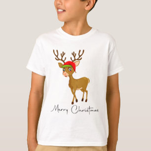 T-shirt Renne de dessin animé mignon avec chapeau de Noël