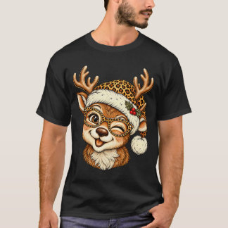 T-shirt Renne de Noël drôle avec chapeau de Père Noël léop