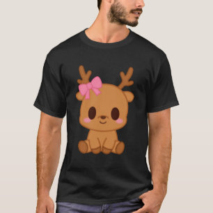 T-shirt Renne de Noël Kawaii avec Nœud Rose - Mignon