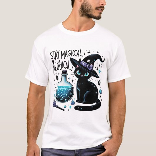 T-shirt Restez Magique Sorcière Meowgical Chat Noir Cute (Devant)