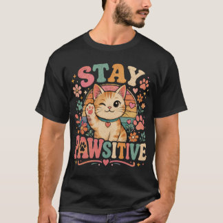 T-shirt Restez Pawsitive Chat Rétro Vibes Positives
