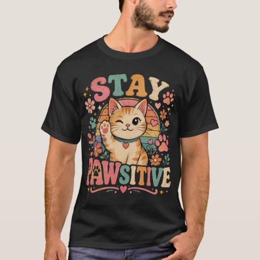 T-shirt Restez Pawsitive Chat Rétro Vibes Positives (Devant)
