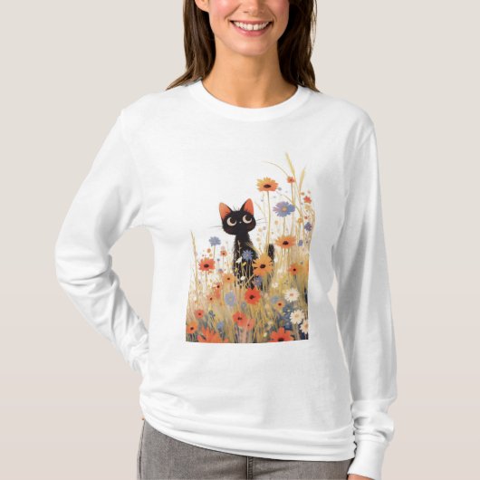 T-shirt Retraite de fleurs de chat noir (Devant)
