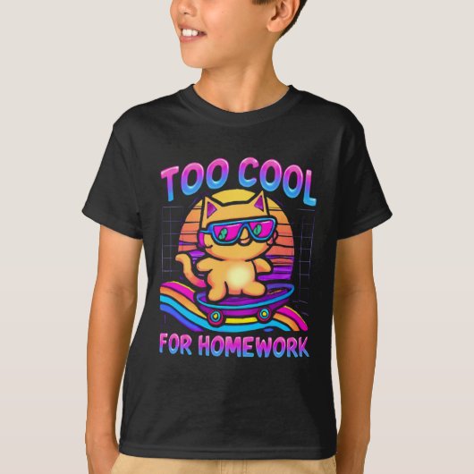 T-shirt Retro 80s Cool Cat Surfing Rainbow Wave (Devant)
