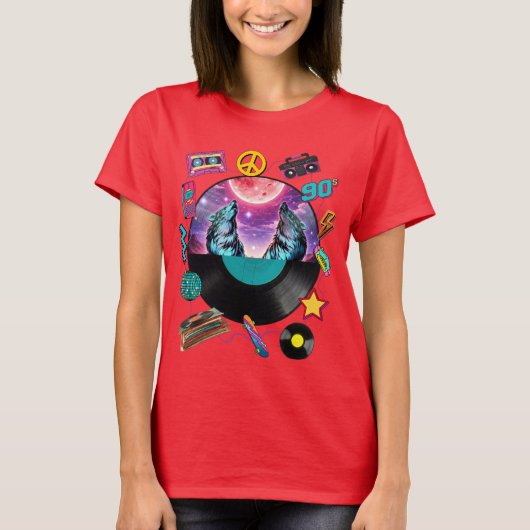 T-shirt Retro 90s Midnight Wolf & Boombox Circular Collage (Devant)