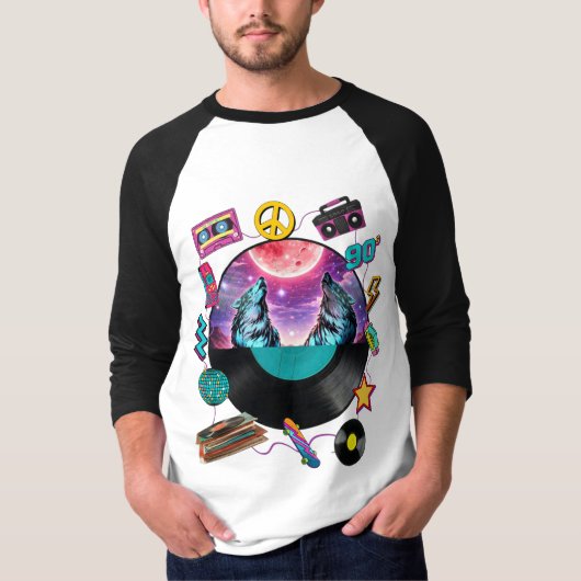 T-shirt Retro 90s Midnight Wolf & Boombox Circular Collage (Devant)
