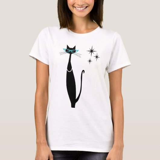 T-shirt Retro Atomique Moyen Siècle Moderne MCM Chat noir (Devant)