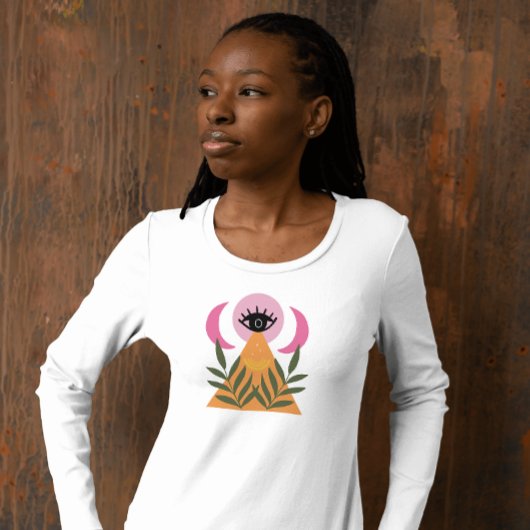 T-Shirt rétro boho lune œil moderne rose jaune