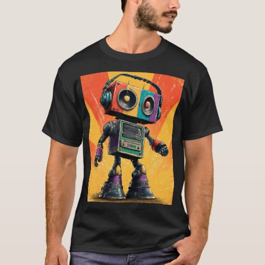T-shirt Retro Boombox Robot with Headphones – Colorful Com (Devant)