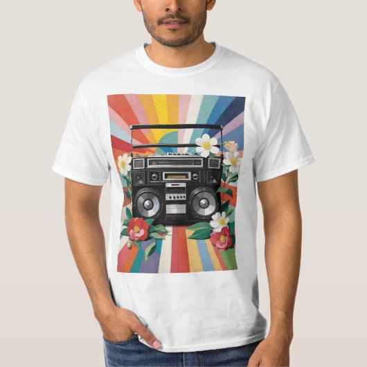 T-shirt Retro Boombox With Rainbows And Flowers (Devant)