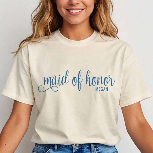 T-shirt Retro Calligraphy Blue Script Maid of Honor