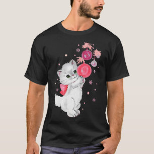 T-shirt Rétro Chat Kitten Joue Avec Ornement De Noël Rose