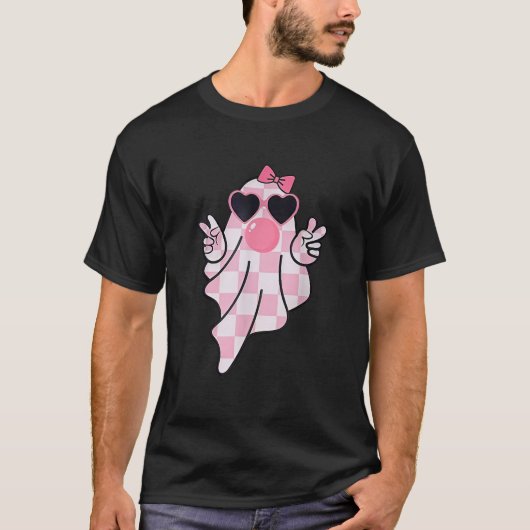T-shirt Retro Checkered Cute Pink Ghost Blowing Bubble Gum (Devant)