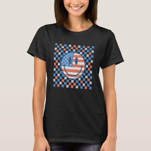 T-shirt Retro Checkered Pattern Smile Face American Flag M (Devant)