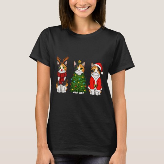 T-shirt Retro Christmas Calico Cat Santa Reindeer (Devant)