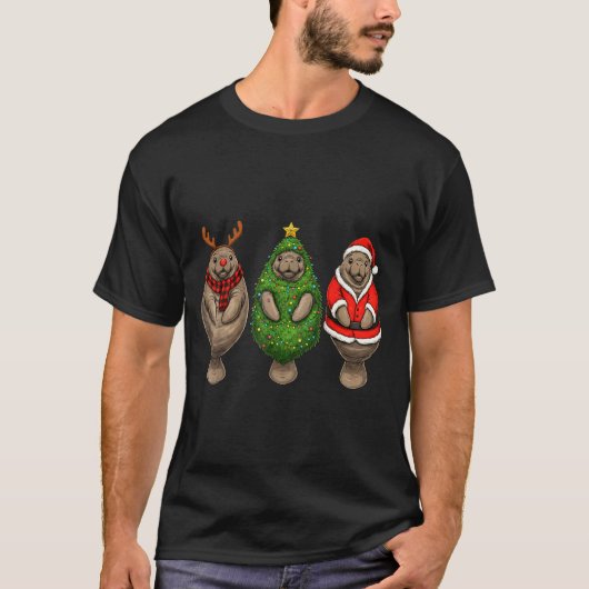 T-shirt Retro Christmas Manatee Santa Reindeer (Devant)