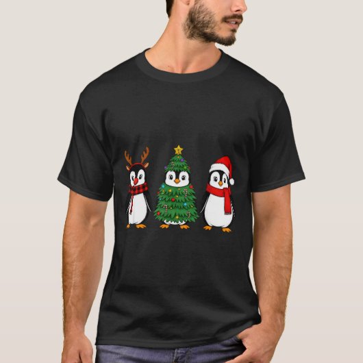 T-shirt Retro Christmas Penguin Santa Reindeer  (Devant)