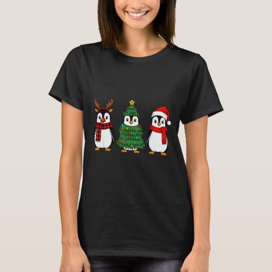 T-shirt Retro Christmas Penguin Santa Reindeer (Devant)