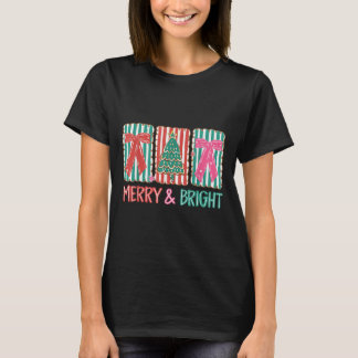 T-shirt Retro Coquette Bow Joyeux Et Arbre De Noël Lumineu