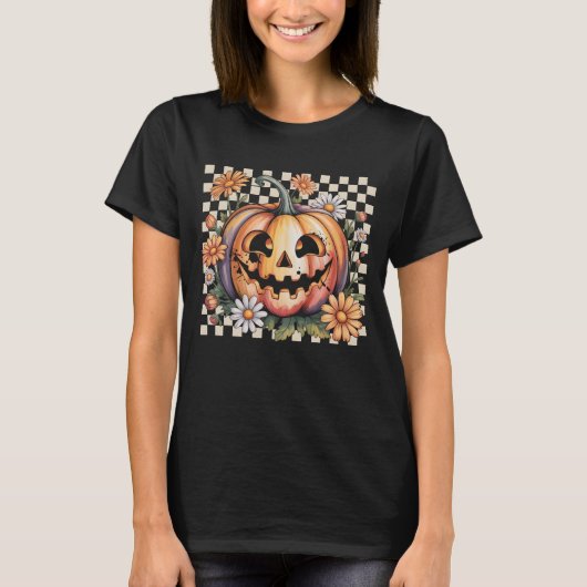 T-shirt Retro Daisy Jack O Lantern Pumpkin Halloween Check (Devant)