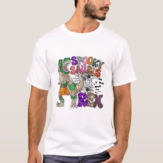 T-shirt Retro Éffrayant Saurus Rex Dinosaur Citrouille Hal (Devant)