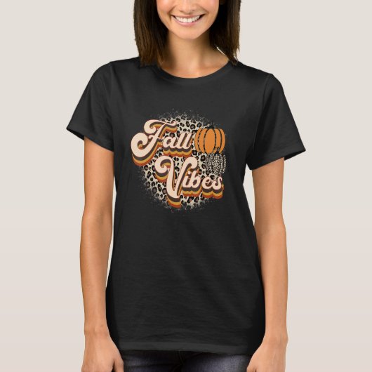 T-shirt Retro Fall Vibes Leopard Pumpkin Happy Thanksgivin (Devant)