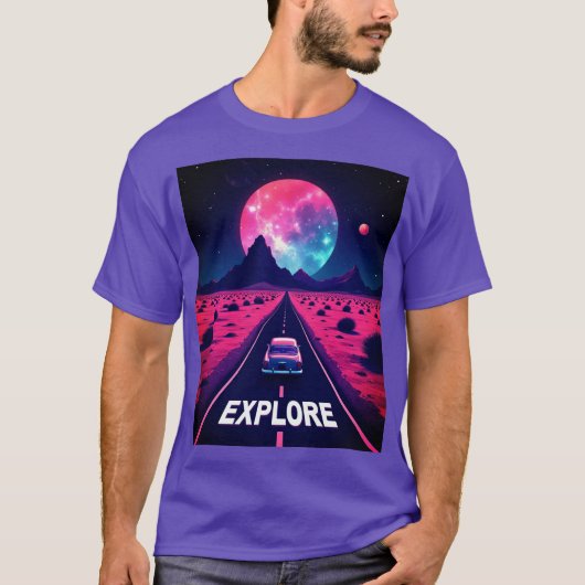 T-shirt Retro-Futuristic Synthwave "EXPLORE" Desert Night (Devant)