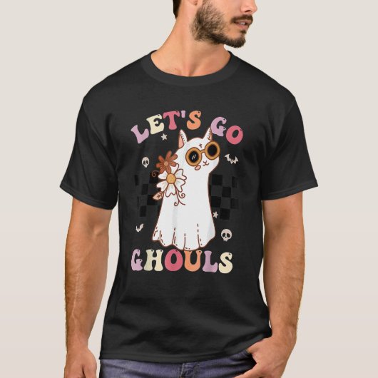 T-shirt Retro Groovy Let's Go Ghouls Halloween Ghost Cat C (Devant)