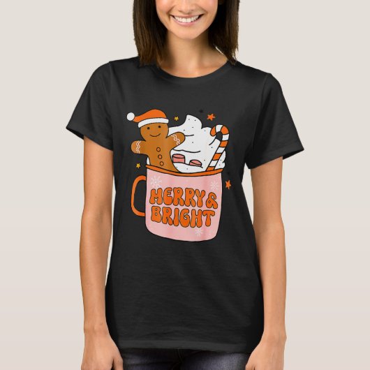 T-shirt Retro Groovy Merry And Bright Gingerbread Christma (Devant)