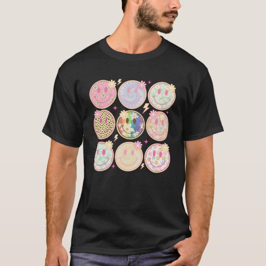 T-shirt Retro Groovy Smile Face Flower Happy Face Checkere (Devant)