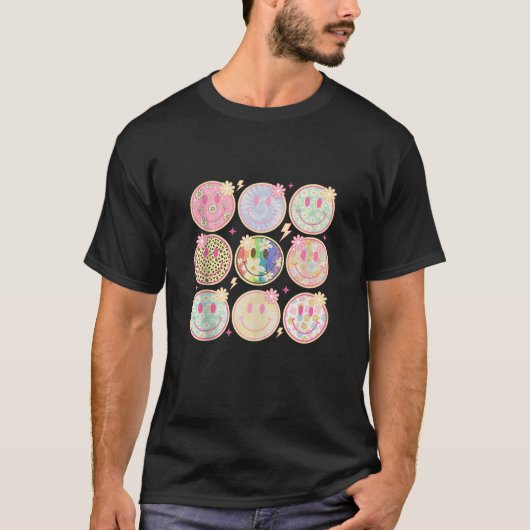 T-shirt Retro Groovy Smile Face Flower Happy Face Checkere (Devant)