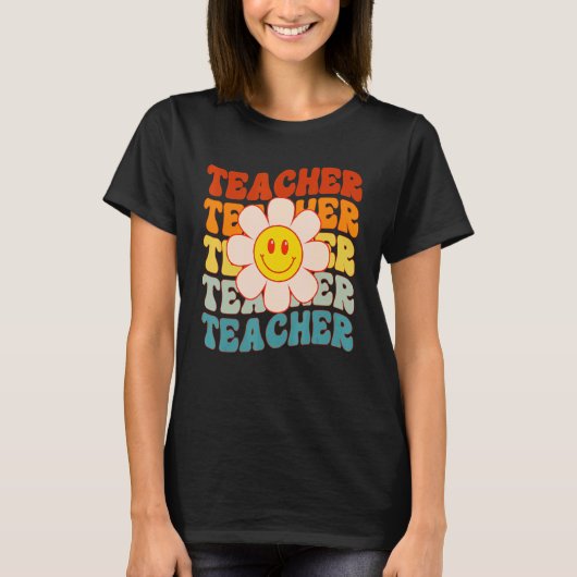 T-shirt Retro Groovy Teacher Happy Face Cute Daisy Flower (Devant)