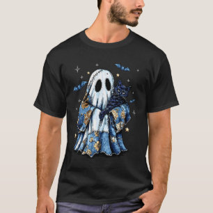 T-shirt Rétro Halloween Bleu Denim Patchwork Fantôme Noir 